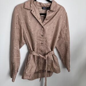 Retro Tan Floral Embroidered Button-Up Collared Shirt